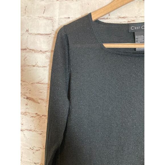 C'Est City Top Womens Medium Silk All Over Glitter Black Long Sleeve Stretch - Picture 2 of 11